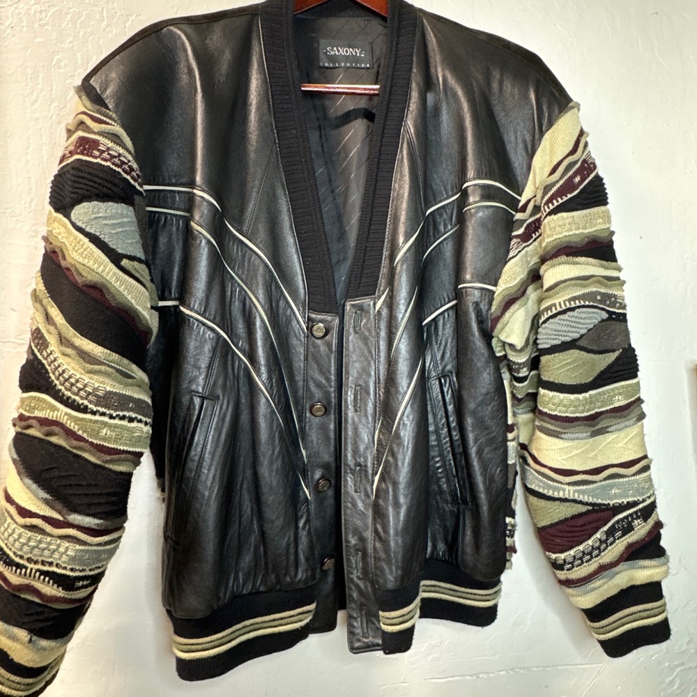 Vintage Y2K Saxony Leather & Suede 3D Knitted Coogi Style Cardigan SWEATER L